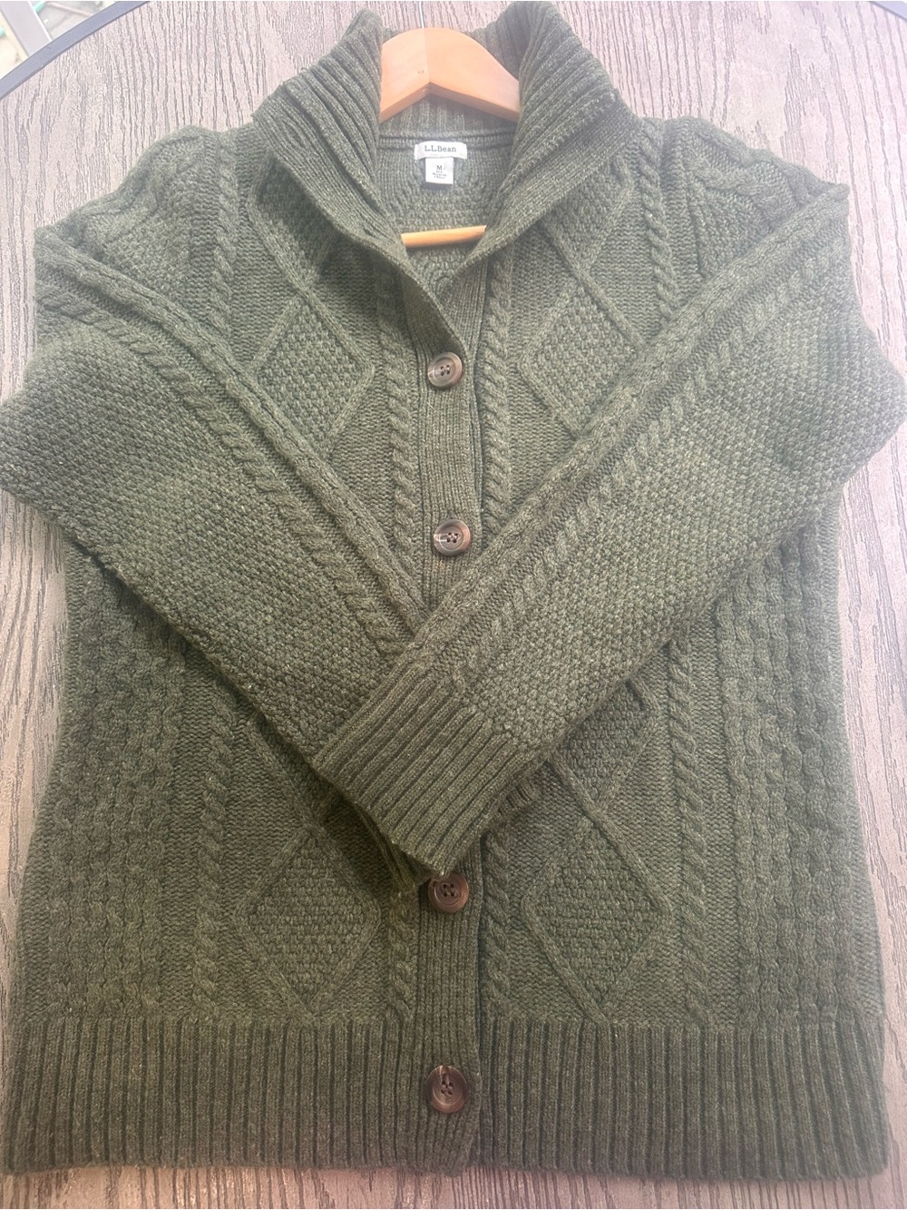 L.L. Bean Women's Medium Olive Green Cable Knit Shawl Collar Cardigan Sweater